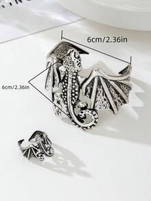 2pcs/Set Punk Style Metal Material Plus Size Open Bangle & Open Ring Jewelry Set, Vintage Distressed Finish For Women - Set - View 2