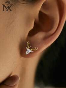 1 Pair Fashionable & Cute 925 Sterling Silver Cubic Zirconia Christmas Reindeer Antler Stud Earrings, Suitable For Women To Wear On Holidays And Everyday, Great Gift