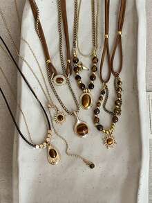 1 件/套复古优雅多层虎眼石吊坠项链，女士双层锁骨链首饰套装，女士日常派对配饰，时尚首饰，最佳朋友礼物，秋冬毛衣链首饰礼物 - 彩色 - 查看 2