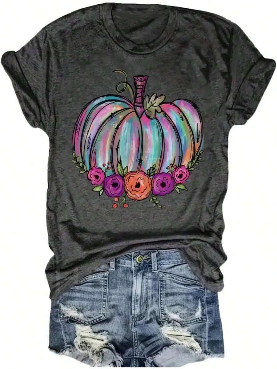Thanksgiving Animal & Letter Print T-Shirt, Casual Short Sleeve Top For Spring & Summer, Women's Clothing Comfort Tops - Dark Gray 3 - View 1