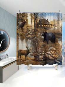 4-Piece Bear & Deer Scenic Decor Bathroom Set, Waterproof Shower Curtain With 12 Hooks, Non-Slip Bath Mat, U-Shaped Toilet Mat, Toilet Lid Cover, Bathroom Decor