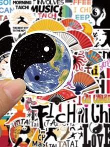 50张太极文化贴纸 美学文字 扇子武术家贴纸 DIY笔记本手机吉他文具日记本青少年玩具贴纸 - 彩色 - 查看 5