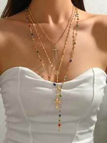 1pc Fashionable Elegant Virgin Mary Embossed Y-Shape Long Necklace, Vintage Religious Cross Pendant Sweater Chain For Women, Suitable For Daily Wear And Gatherings - 多色 2 - 查看 6