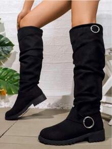 New Women's Suede Knee-High Boots For Autumn And Winter, Featuring A Ring Buckle And Ruched Design, With Chunky Heels, Suitable For Daily Outings And Party Outfits. - 黑色 - 查看 2
