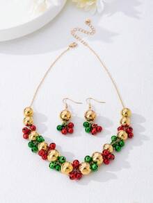 Set de 3 piezas de joyas de moda punk navideñas con un diseño minimalista de campanas, incluyendo collar, pulsera y aretes, un conjunto de joyas único para fiestas navideñas