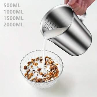 304 Stainless Steel Milk Frother Pitcher, Capacity: 500/1000/1500/2000ML, Stainless Steel Measuring Cup With Handle, Multi-Function Measuring Cup, Marked Coffee Latte Art Milk Frothing Pitcher, Kitchen Gadget, Barista Tool