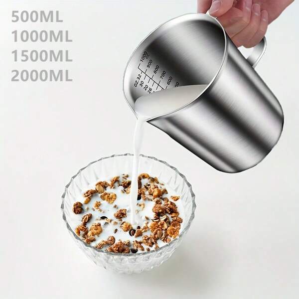 304 Stainless Steel Milk Frother Pitcher, Capacity: 500/1000/1500/2000ML, Stainless Steel Measuring Cup With Handle, Multi-Function Measuring Cup, Marked Coffee Latte Art Milk Frothing Pitcher, Kitchen Gadget, Barista Tool