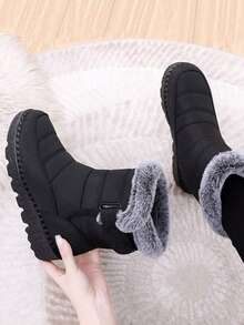 36-45 Size Outdoor Thermal Lined Thick Snow Boots For Women, Mid-Calf Round Toe Flat Heel Plus Size Waterproof Anti- High-Top Boots, Cold-Resistant, Middle-Aged Boots, Black - 黑色 - 查看 5