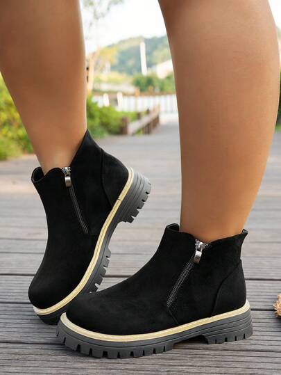 Sonbahar/Kış Kadın Modası Günlük Siyah Kadife Düz Renk Çift Fermuarlı Kalın Tabanlı Rahat Klasik Bilek Botları, Her Mevsime Uygun, Büyük Beden Kadın Botları