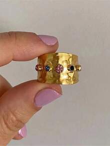 rundraw 1pc Wide Colorful Zirconia Stainless Steel Gold Tone Adjustable Open Ring - Multicolor - View 7