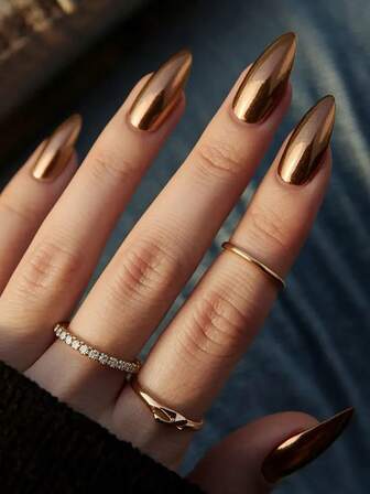 VV MEI JIA ER 24pcs/Set Y2K Style Nail Stickers To Enhance Your Fashion, Punk Magic Brown Nail Stickers, Metal Chrome Alloy Press-On Nail Stickers, Almond Shaped Gold Nail Stickers, Gothic Chrome Artificial Nails, Includes 1pc Jelly Gel And 1pc Nail File, Suitable For Rave Party Nail Supplies.