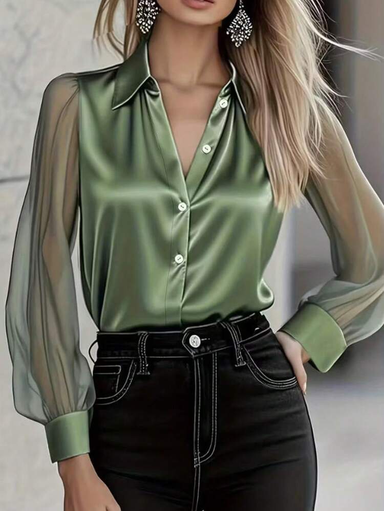 1 Peça Blusa Elegante de Manga Longa com Botões na Frente, Sólida em Cetim com Recortes em Tela, Adequada para Escritório, Férias, Casa, Uso Diário, Festivais, Todas as Estações da Primavera - Verde - Visão 1
