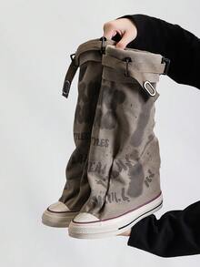 Alan Vincent[Local Delivery][Quick Arrival]Letter Graffiti Canvas Trouser Boots Women's Pleated Pile Boots Niche Design  Women's Canvas Boots Women's Mid-Calf Boots Party Shoes Box Packaging - 卡其色 - 查看 5