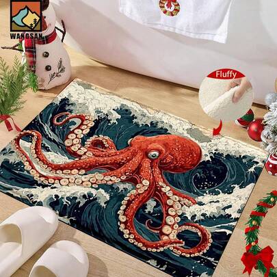 1pc /2pcs Octopus Pattern Bathroom Anti-Slip Mat, Super Fiber Anti-Slip Mat, Imitation Cashmere Absorbent Quick-Drying Mat, Suitable For Doors, Bathrooms, Kitchens And Other Occasions, Machine Washable, Anti-Slip, Daily Decoration, Can Be Given As A Gift
