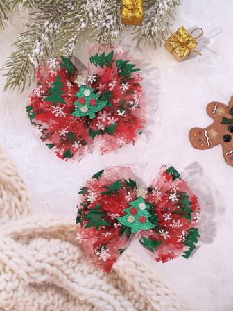 2 Piezas de Pinzas para el Cabello Navideñas para Niña, Lazos de Pelo Navideños de Tul Brillante, Pasadores de Cabello Elegantes y Versátiles con Formas de Árbol de Navidad Verde y Patrones de Copos de Nieve. Accesorios Ideales para el Cabello para Fiestas Navideñas y Fotos de Vacaciones de Niñas, Decoraciones Navideñas.