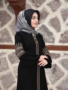 GDFashion 黑色刺绣细节泡泡袖长袍，伊斯兰休闲纽扣前开襟长裙 - 黑色 - 查看 5