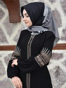 GDFashion 黑色刺绣细节泡泡袖长袍，伊斯兰休闲纽扣前开襟长裙 - 黑色 - 查看 4