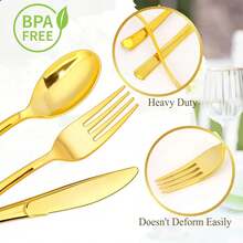 150 قطعة/مجموعة أدوات مائدة معدنية مطلية بالذهب قابلة لإعادة الاستخدام - شوك وملاعق وسكاكين للكيك والسلطة والطعام الغربي والمعكرونة وتحريك القهوة - مثالية للحفلات والأحداث الخارجية وتجمعات العائلة والأعراس وأعياد الميلاد والمناسبات - متينة وسهلة التنظيف - الذهبي - مشاهدة 5