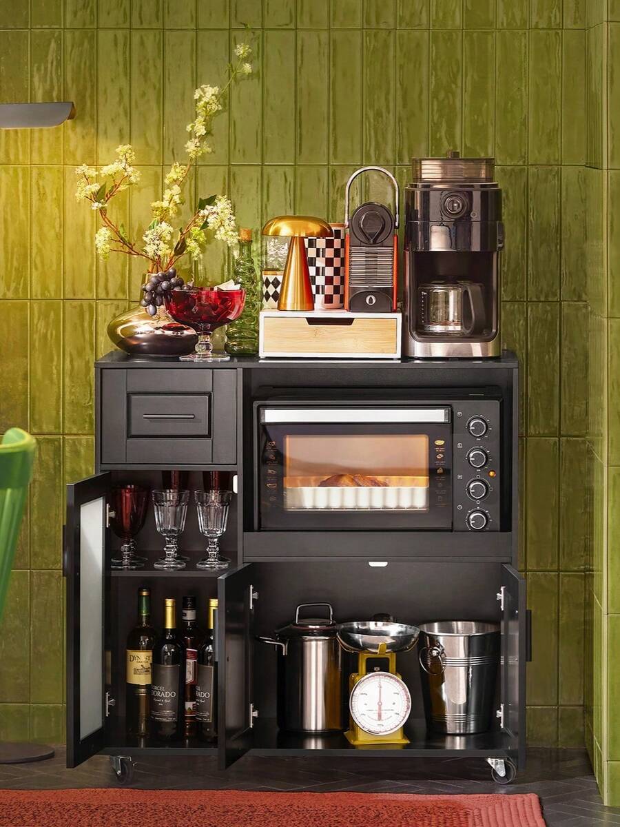 SoBuy FSB78-SCH, Sideboard Microwave Cabinet Kitchen Dining Room Storage Cabinet Cupboard On Wheels, Kitchen Storage Trolley, Black - Black - View 1