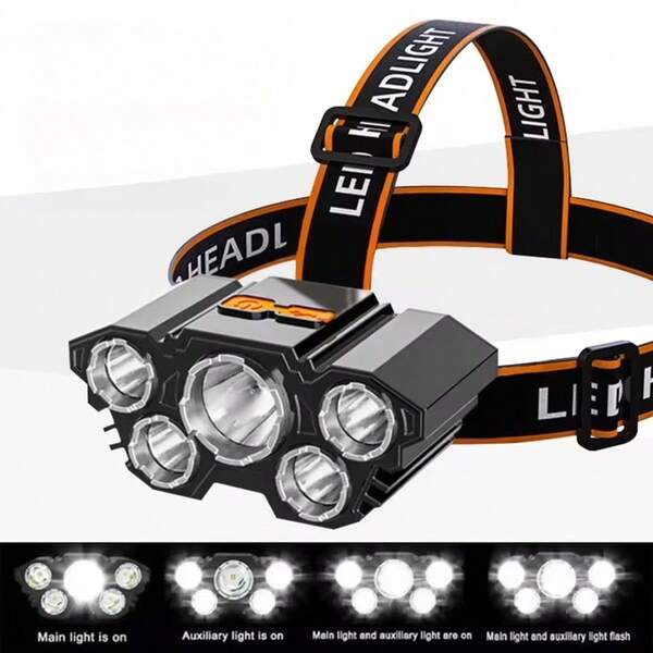 1pc LED Headlight, Rechargeable, Bright And Powerful 5 LED Lights, Portable Headlight For Outdoor Camping Emergency Lighting, Fishing Outdoor Work Light
