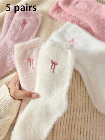 5 Çift Kadın Rahat Fiyonklu Peluş Çorap, Yumuşak Kabarık Sıcak Orta Boy Çorap, Kış İçin Uygun, Günlük Noel Hediyesi