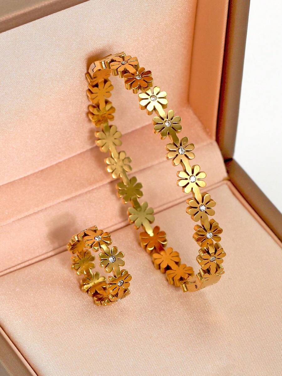 2 件/套 18K 镀金不锈钢雏菊花手链和戒指首饰套装,适合女性日常佩戴,经典欧美雏菊设计,防水,优雅奢华的休闲首饰,婚礼首饰套装,送给女孩、女士、妈妈、亲戚、朋友的礼物,美丽的婚礼、生日、母亲节、女朋友、情人节 - 金色 - 查看 1