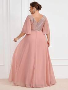 UNITHORSE V-Neck Sequin Patchwork Waist Cinched Chiffon Elegant Maxi Bridesmaid Dress - Pink - View 2
