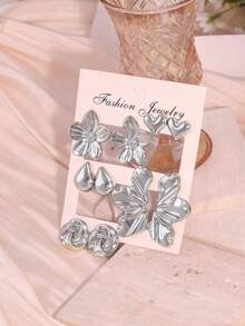 1/5 Paar modische, leichte ABS-Kunststoff-Ohrringe/Ohrstecker mit glatten 5-Blüten-Blumen, Blättern, Tropfen, kreisförmigen Elementen und Herzformen, geeignet für den täglichen Gebrauch von Frauen, tolles Geschenk für Freunde und Familie (kostengünstiges Material) - Silber - Übersicht 8