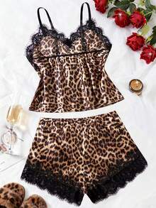 Valentine's Day Gift 2 Pcs Set Of New Leopard Print Women's Sexy Lingerie Adjustable Straps V-Neck Women's Top & Bow-Decorated Boxer Shorts Loose Satin Comfortable Home Sleepwear Set - Leopard - View 3