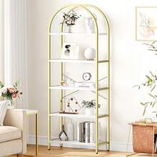 Librero de 5 Niveles con Arco, Estante de Exhibición Alto, Estructura Metálica Moderna, Repisa Grande de Madera para Recámara, Sala u Oficina, Blanco/Oro - Dorado - Ver 1