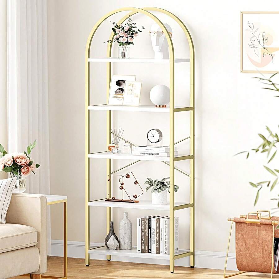 Librero de 5 Niveles con Arco, Estante de Exhibición Alto, Estructura Metálica Moderna, Repisa Grande de Madera para Recámara, Sala u Oficina, Blanco/Oro - Dorado - Ver 1