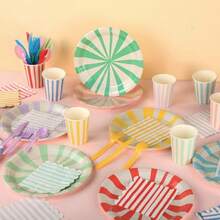 D288 Pcs Pastel Striped Party Plies Include 9 Inch Stripe Paper Plate Cups Paper Napkins Colorful Disposable Tableware Striped Pastel Rainbow Dinnerware Set For Baby Shower Birthday Wedding - 粉彩 - 查看 3