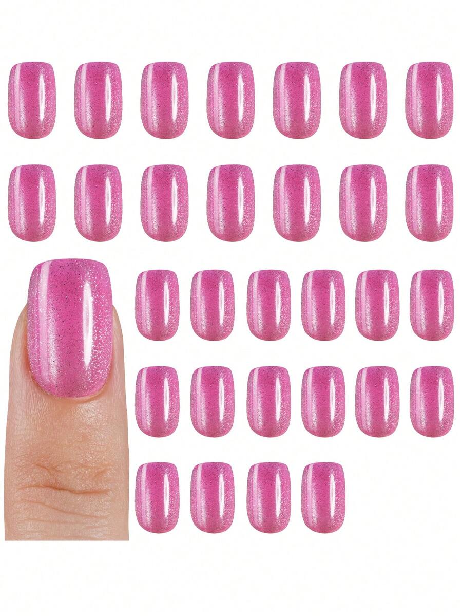 30 móng tay giả acrylic ngắn hình vuông/hình hạnh nhân màu hồng bóng, hiệu ứng mắt mèo, móng giả thiết kế mắt mèo chuyển màu bóng bẩy, phù hợp cho các lễ hội, thường ngày, sinh hoạt hàng ngày, trang trí móng tay mùa xuân/hè. - Hồng - Xem 1
