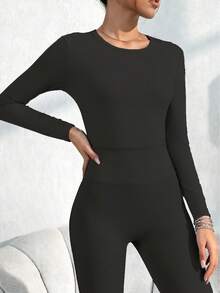 4 PCS Women,Workout Sets Women,Women's Solid Color Minimalist Casual Long Sleeve Top And Pants Set-Lined Set,Yoga Set - 黑色+黑色 - 查看 2