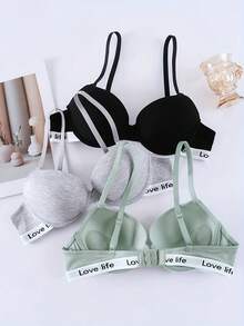 3 piezas Sujetador con relleno ligero con estampado de letras, Sujetador con aros para mujer - Multicolor - Ver 2