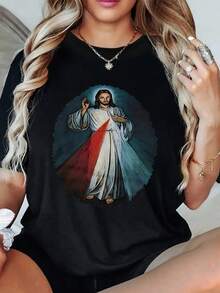 Imagen Religiosa Con Figura Sagrada Irradiando Rayos De Luz Rojo Y Azul Simbolizando Misericordia Y Paz Camiseta De  Casual De Manga Corta - Negro - Ver 1