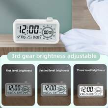 [数字 LED 闹钟] 1 件数字 LED 闹钟带日历、温度计和计时器 - 电池供电，适用于床边、书桌和旅行