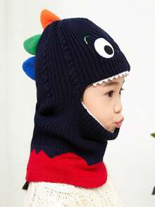 1 件儿童卡通恐龙防风帽和围巾套装，冬季保暖针织拉法帽，适合男孩和女孩