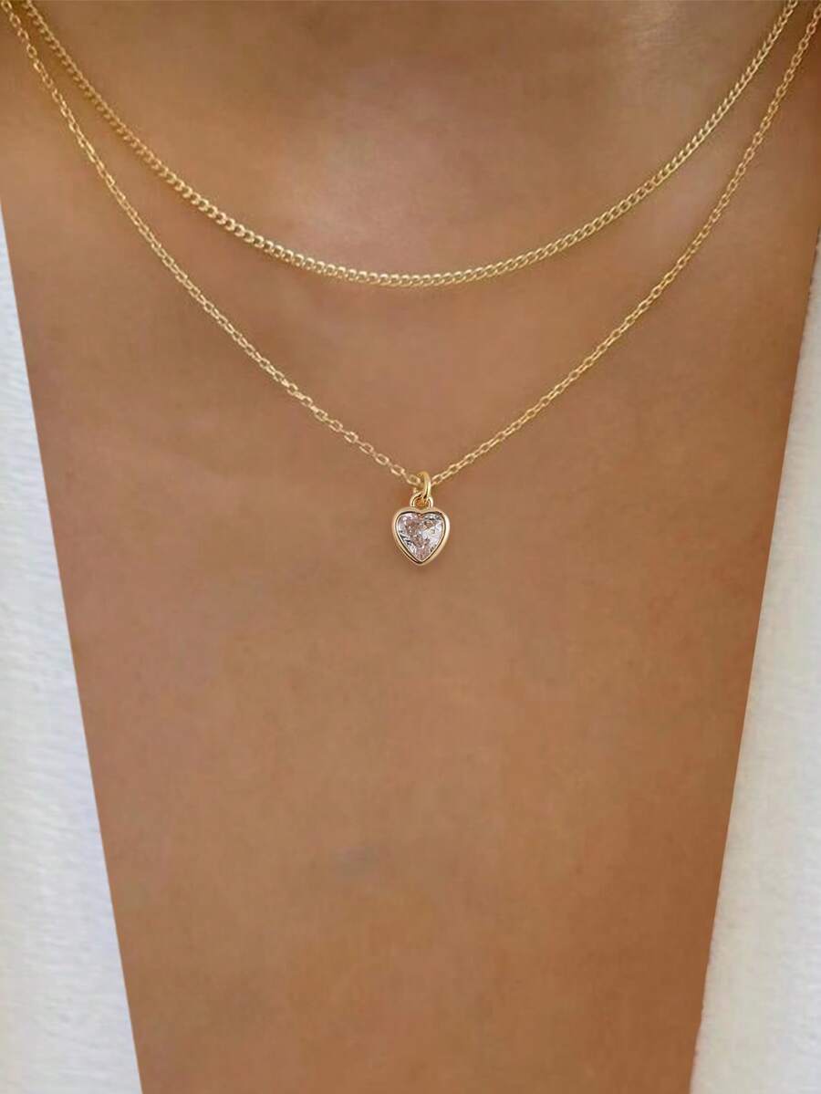 Tkool 2 件套时尚多层心形方晶锆石吊坠项链，情人节送给女朋友的完美礼物 - 金黃色 - 查看 1