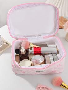 1 pièce/set Sac de rangement cosmétique grande capacité avec design nœud papillon rose et dentelle. Sac de rangement à cordon pour produits de soins de la peau de voyage. Sac pour serviettes hygiéniques, indispensable pour les courts voyages. Sac de maquillage et portable multifonctionnel pour ranger le rouge à lèvres, les serviettes hygiéniques, les pièces, les clés, etc. Grand sac de lavage mignon pour l'organisateur de voyage, sac cosmétique pour voyage, cadeau pour la fête des mères, cadeau pour la rentrée scolaire