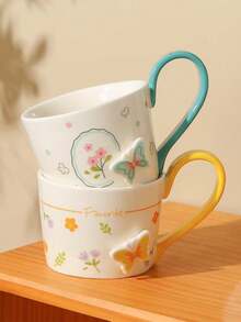 1 pieza Taza con relieve floral y mariposa, hermosa vajilla para el hogar, la oficina, la residencia estudiantil, el desayuno, el agua, regalo, cumpleaños, cafetería, amigos