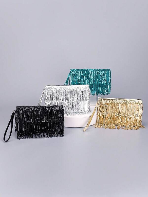 Bolso de embrague con flecos de lentejuelas negras para mujer, bolso de noche con flecos brillantes, cartera con solapa exquisita y elegante para mujer, adecuada para fiestas, citas, bodas, regalos y compras.