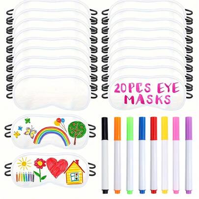 20 PCS Eye Mask Sleepover With 8 PCS Fabric Marker Pens Party Supplies, Slumber Party Favors For Pajama Party Decorations Sleep White Soft Shade Blindfold Eye Covering, Color The Bulk Game Stuff For Bedroom, Travel, Office, School Boy Valentine Heart Valentine,Women Valentine Gift Birthday Boyfriend Girlfriend