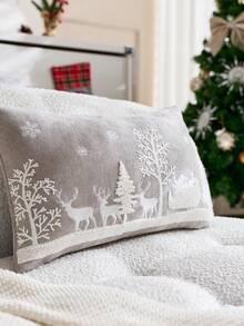 1 buc. Față de pernă brodată cu Moș Crăciun, gri, cu sania trasă de săritură, brad de Crăciun, cerb, potrivită pentru decor interior, față de pernă decorativă de Crăciun, inserția de pernă nu este inclusă - Gri - Vizualizare 6