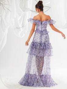 VIPGIRL Vestido de noche elegante de mujer con hombros descubiertos, volantes y malla - Morado - Ver 2