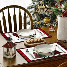 1/25pcs Christmas Red, White & Black Plaid Bordered, Decorative Christmas Tree With Star Print Linen Table Runner, Suitable For Holiday Parties, Birthday Dinners, Kitchen & Dining Room Decor, Furniture & Home Textile Decoration. It Is A Multi-Purpose Home Decor Item Applicable For Various Seasons, Perfect For Party And Holiday Decorations, As Well As A Great Gift For Parents And Friends. - Multicolor - View 5