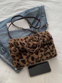 Classic Fluffy Envelope Bag For Women, Fashionable Leopard Print Furry Shoulder Handbag, Crossbody Bag, Autumn/Winter, Korean Style