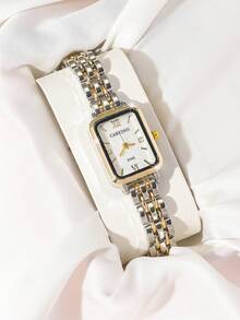 1pc Classic Minimalist Square Bicolor Gold & Silver Rhinestone Women's Watch, Suitable For Daily, Date, Back To School, Party, Birthday Gift