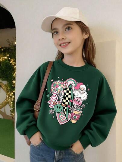 1件女童节日卡通圣诞元素深绿色长袖卫衣，柔软亲肤，适合秋冬季学校活动
