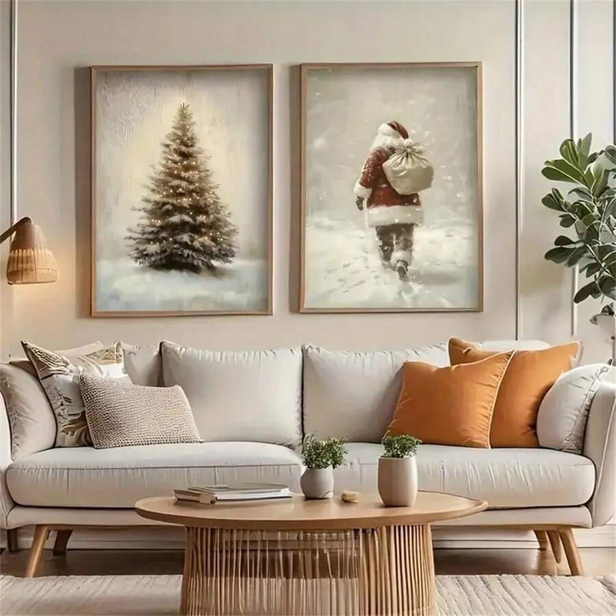 Pósteres de lienzo, impresiones vintage de Papá Noel y árbol de pino, arte de paisaje nevado, decoraciones navideñas, decoración de pared para dormitorio, sala de estar, cocina, baño, regalo ideal moderno para el hogar, perfecto para la decoración de la habitación, estilo festivo del hogar, decoraciones navideñas, escenario invernal, marco opcional